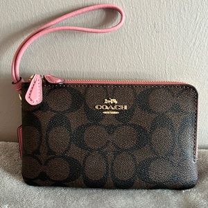 Coach Signature Coated Canvas Double Corner Zip Wristlet Brown/True Pink Item